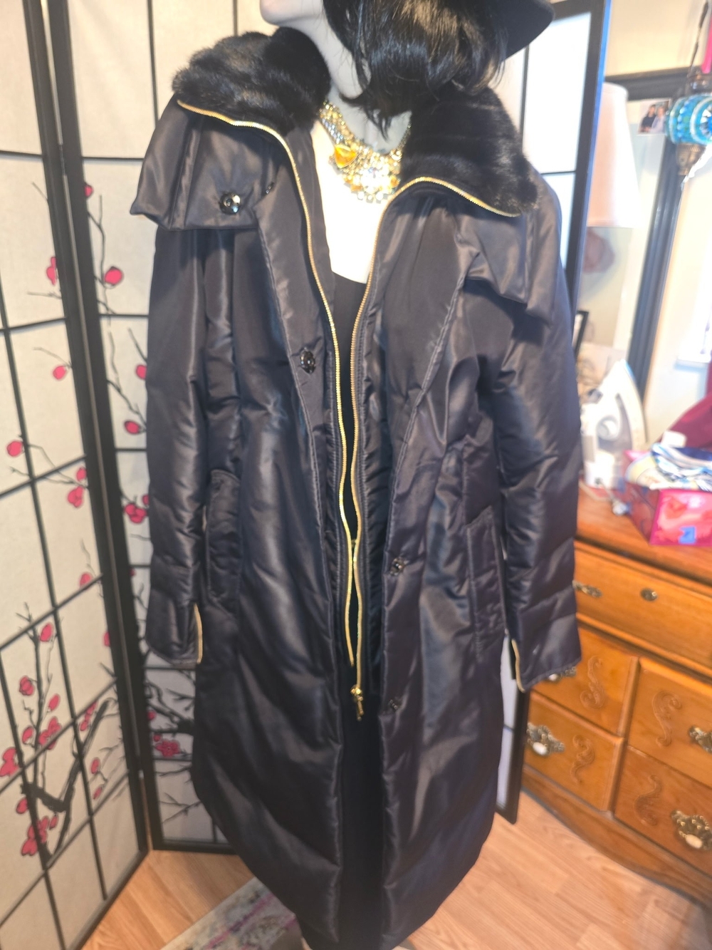 Roberto Cavalli Black Long Quilted Puffer Coat with Fur Collar